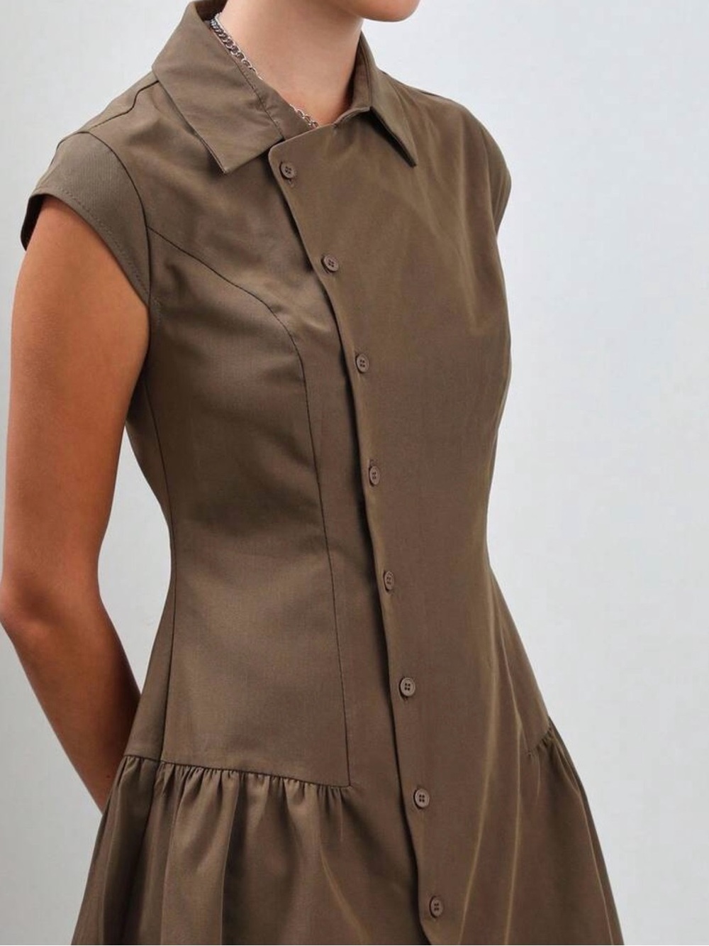 Sleeveless Button-Front Mini Dress in Olive Brown